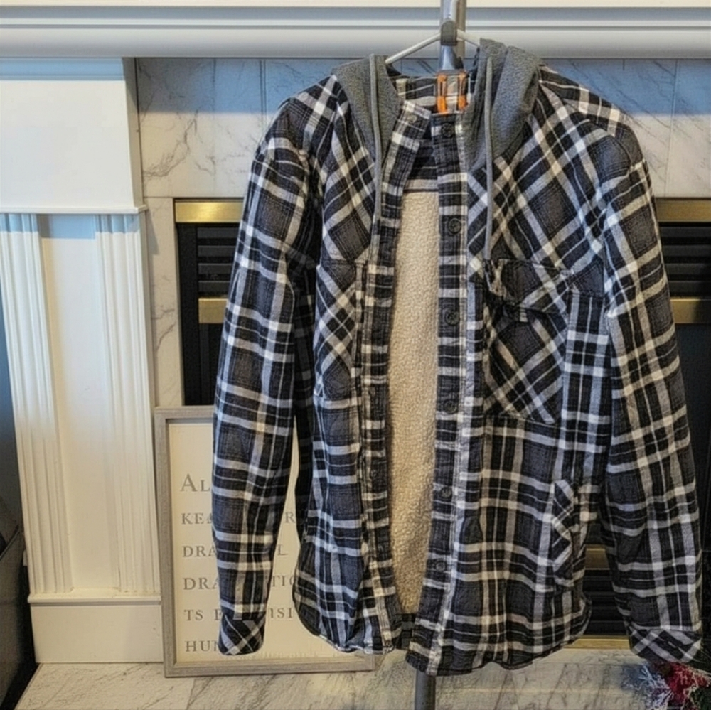 Black & White Plaid Sherpa Lined Hooded Flannel Shirt Jacket Shacket Med